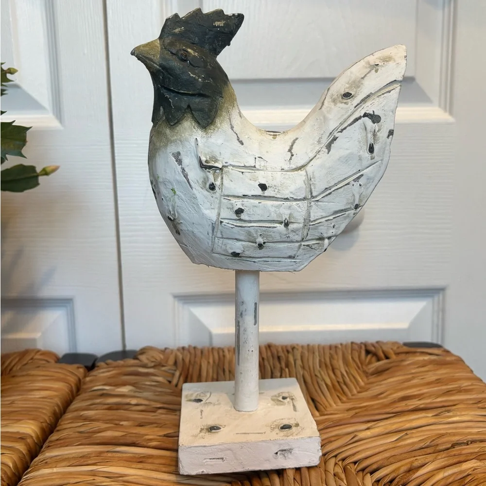 Rustic Country Farm Barn Style White and Black Rooster Sculpture Made of Wood - Picture 1 of 7